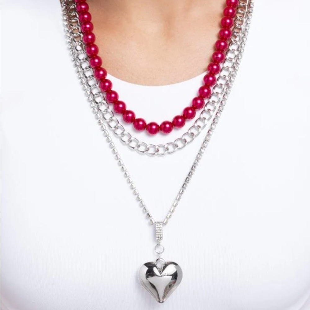 Elegant Red and Silver Heart Pendant Necklace